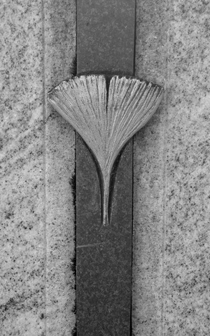 Trauerprozess - schwarz-weiß Foto eines Grabsteines mit einem bronzenen Ginkoblatt
